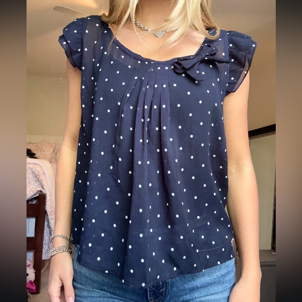 Y2K Inspired Navy Polka Dot with Bow Detail Hollister Women's Top Size Medium